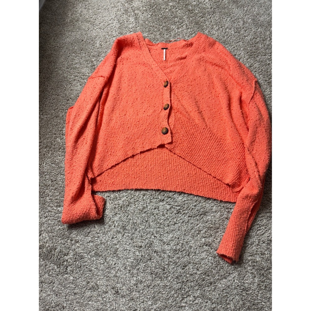 Free People Coral Orange Cropped Boucle Knit Cardigan Sweater Size S OB1329716